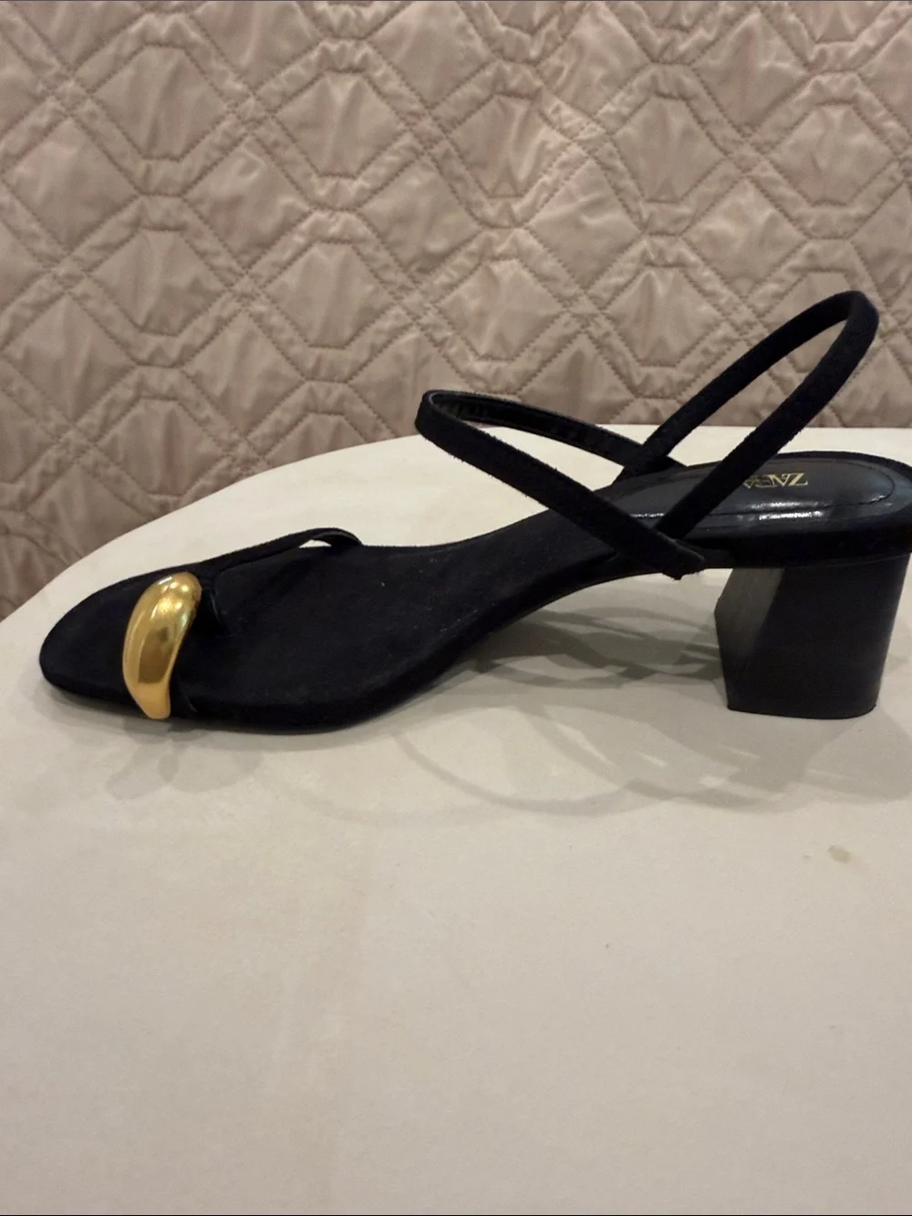 Zara Black Suede Slingback Sandals with Gold Accent Bead sz 36 - Picture 2 of 3